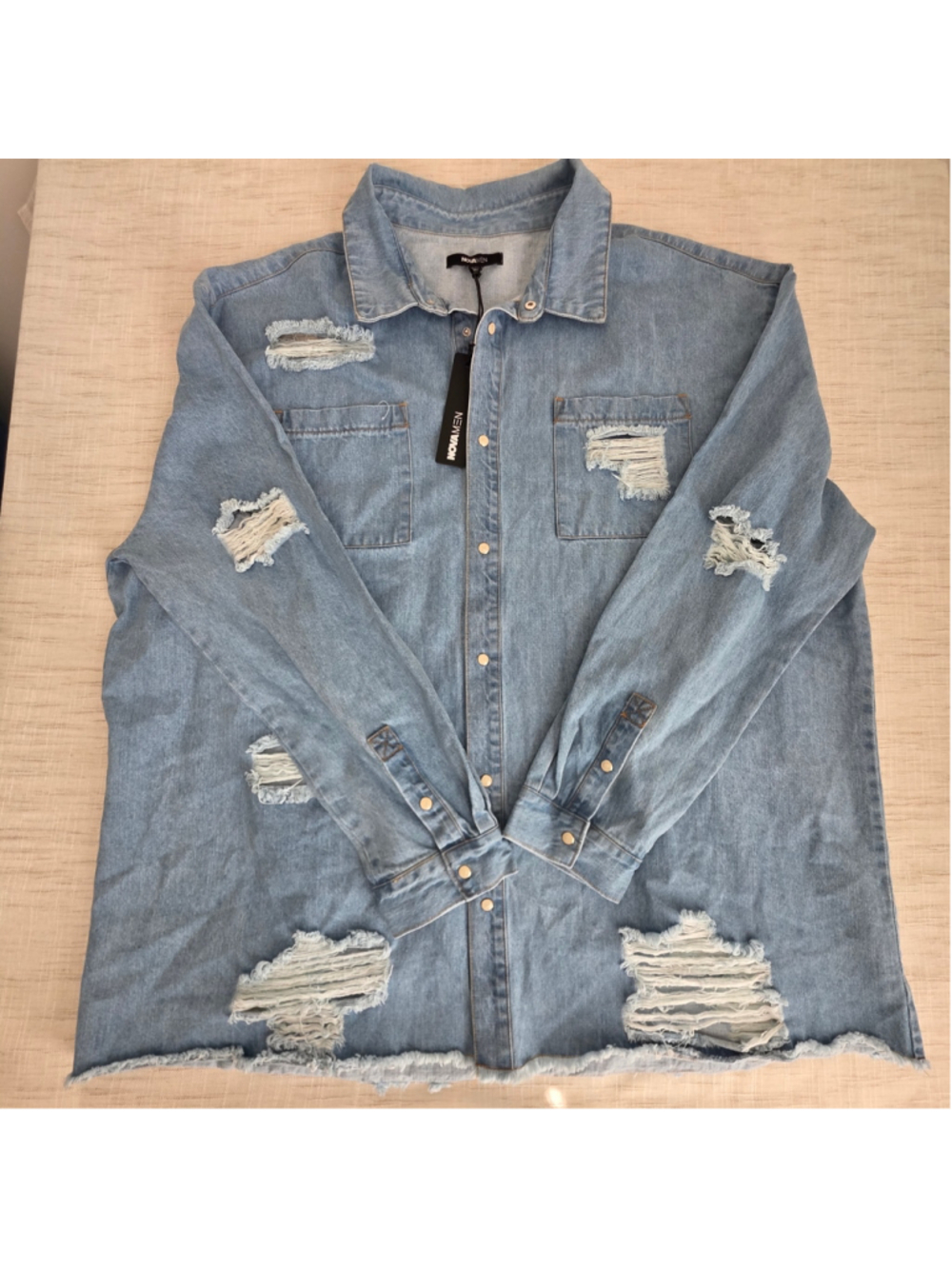 Men's NovaMen Distressed Denim Button Down Shirt Blue 3XL